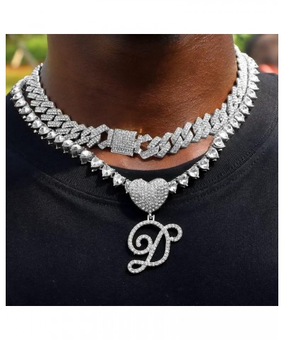 Silver Cuban Link Chain for Women Cursive Initial Layered Necklaces Heart Shape Bling Diamond Iced Out Pendant Necklace for W...