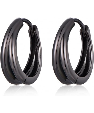 Black Double Hoop Earrings Men 925 Sterling Silver Split Hoop Huggie Earrings for Teen Boys Simple Stylish 15MM I $11.43 Earr...