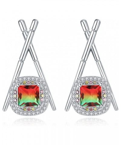 Chopsticks Sushi 1.2ct Nano Simulated Watermelon Tourmaline Stud Earrings for Women, 14k White Gold Plated 925 Sterling Silve...