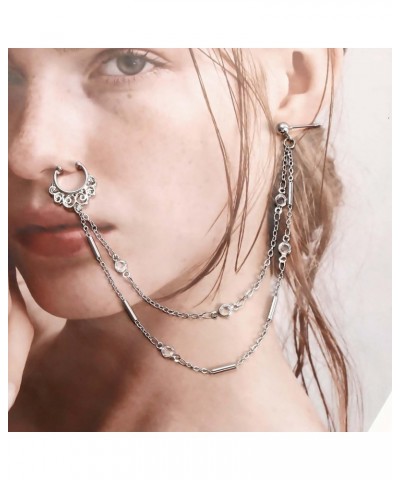 Punk Nose Ring Chain Pearl Crystal Tassel Dangle Nose Ring Hoop Rhinestone Ethnic Nose to Ear Chain with Stud Faux Non Pierci...