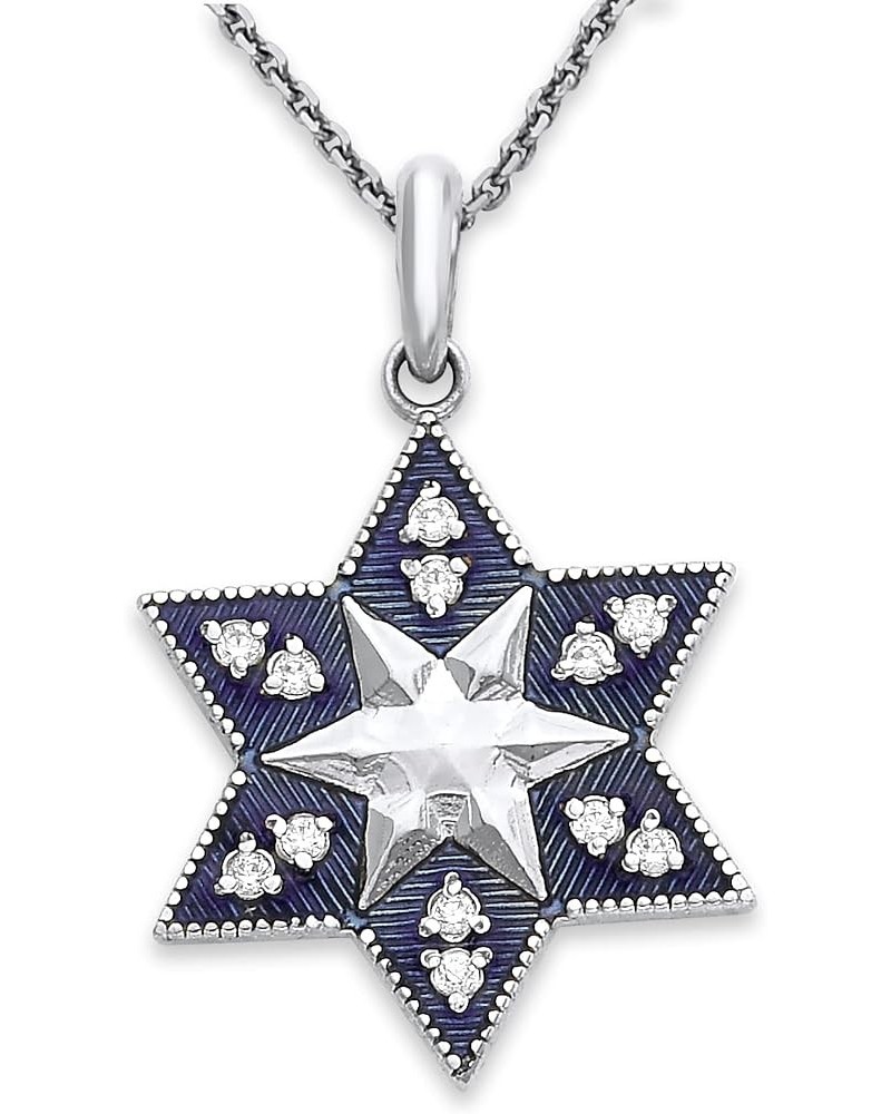 Jewish Star of David Diamond Pendant Necklace in Solid 14k Gold, Star of David Necklace, Blue Enamel, Made in America 20" Nec...