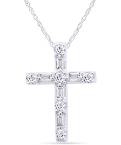 1/4 Cttw Round & Baguette Cut Natural Diamond Cross 14K Gold Plated 925 Sterling Silver Ladies Women Pendant Necklace 18 whit...