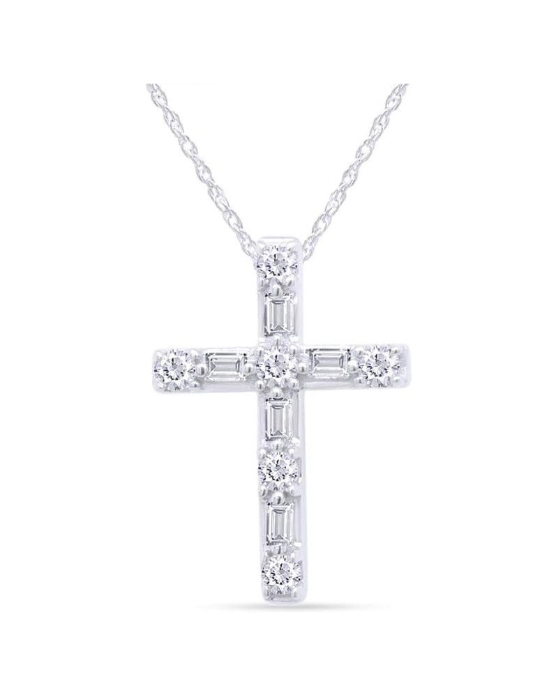 1/4 Cttw Round & Baguette Cut Natural Diamond Cross 14K Gold Plated 925 Sterling Silver Ladies Women Pendant Necklace 18 whit...