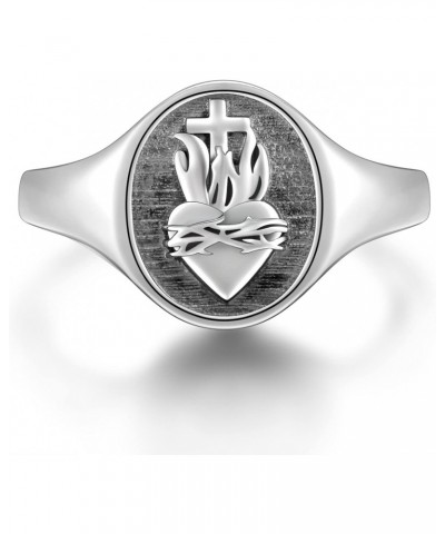 S925 Sterling Silver Flaming Sacred Heart Rings Catholic Faith Charm Women Signet Ring Adjustable Love of God Thorn Jewelry E...