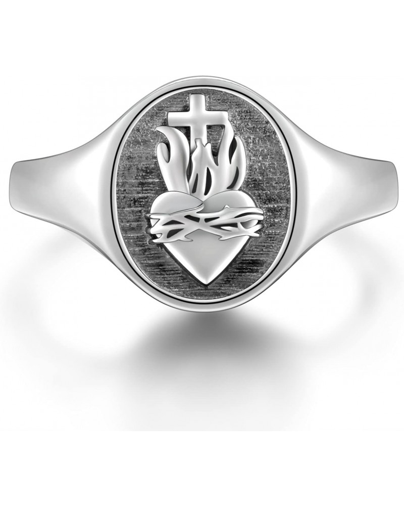 S925 Sterling Silver Flaming Sacred Heart Rings Catholic Faith Charm Women Signet Ring Adjustable Love of God Thorn Jewelry E...