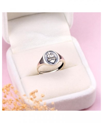 S925 Sterling Silver Flaming Sacred Heart Rings Catholic Faith Charm Women Signet Ring Adjustable Love of God Thorn Jewelry E...