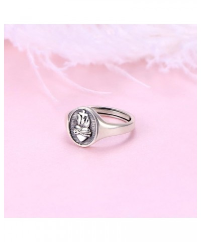 S925 Sterling Silver Flaming Sacred Heart Rings Catholic Faith Charm Women Signet Ring Adjustable Love of God Thorn Jewelry E...