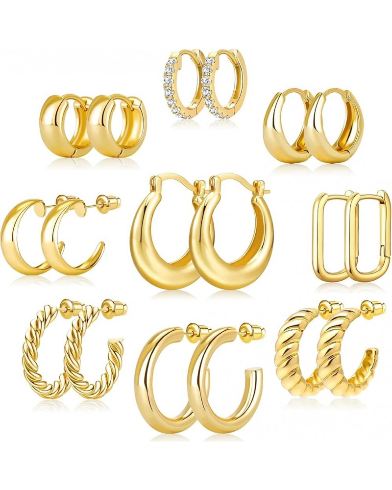 Gold Hoop Earrings Set for Women 14K Gold Plated Chunky Hoops Twisted Huggie Hoop Earrings for Girls Gift Lightweight 9 Pairs...