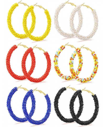 6 Pairs Bohemian Beaded Hoop Earrings Women Colorful Handmade Large Circle Dangle Drop Earrings for Women Girls(Cute Colors) ...