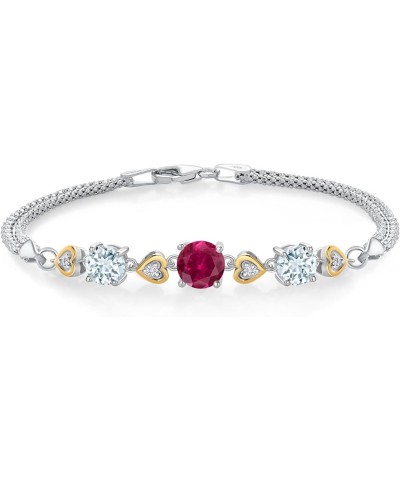 925 Sterling Silver and 10k Yellow Gold Red Created Ruby Sky Blue Aquamarine and White Lab Grown Diamond Bracelet For Women (...