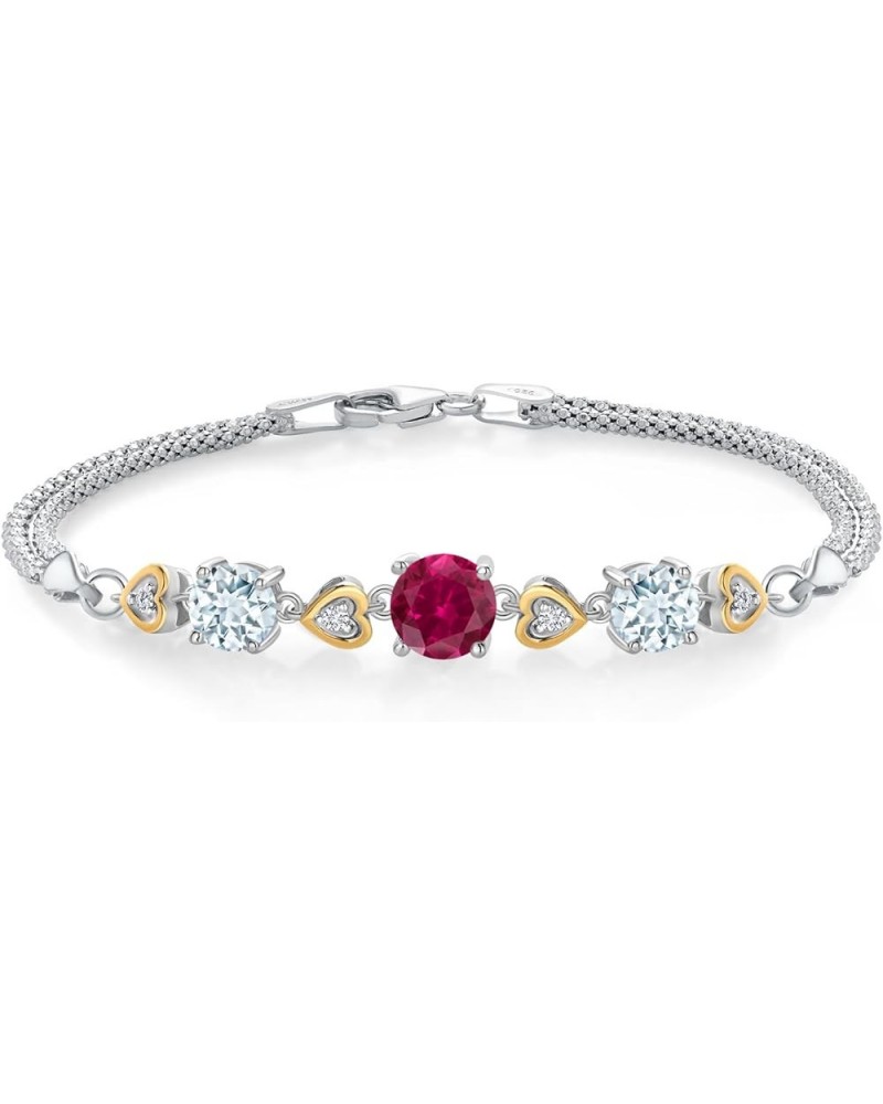 925 Sterling Silver and 10k Yellow Gold Red Created Ruby Sky Blue Aquamarine and White Lab Grown Diamond Bracelet For Women (...