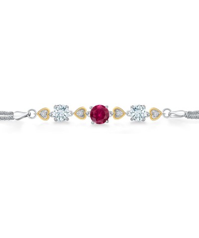 925 Sterling Silver and 10k Yellow Gold Red Created Ruby Sky Blue Aquamarine and White Lab Grown Diamond Bracelet For Women (...