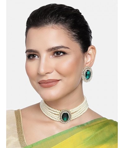 Gold Plated Indian Wedding Bollywood Green Stone Studded Pearl Choker Necklace Jewellery Set For Women/Girls (ML316) Green $1...