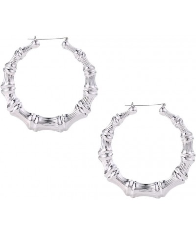 Chic Bamboo Circle Round Hoop Earrings Large 90mm Bamboo Metal Earrings Women Girls PaClub Jewelry Gift silver $8.84 Earrings