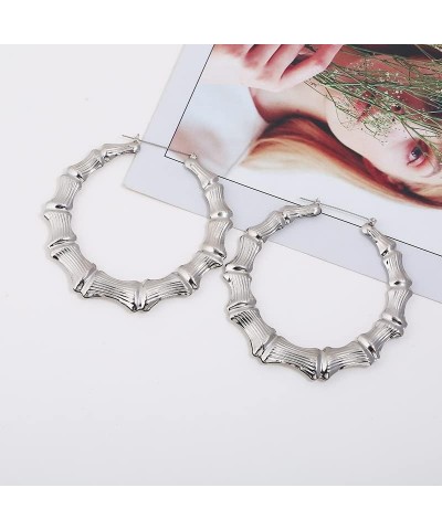 Chic Bamboo Circle Round Hoop Earrings Large 90mm Bamboo Metal Earrings Women Girls PaClub Jewelry Gift silver $8.84 Earrings