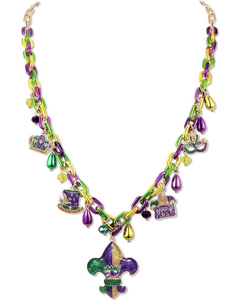 Mardi Gras Necklace Glitter Fleur De Lis Mask Pendant Necklace for Women Gold Purple Green Link Chain Necklace Fat Tuesday Ca...