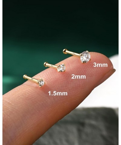 14K Solid Gold Bone L Bend Nose Stud 22g 18g 20g 1.5mm 2mm 3mm CZ Yellow Gold Nose Ring Stud Press Fit Nose Pin S Screw 14K R...