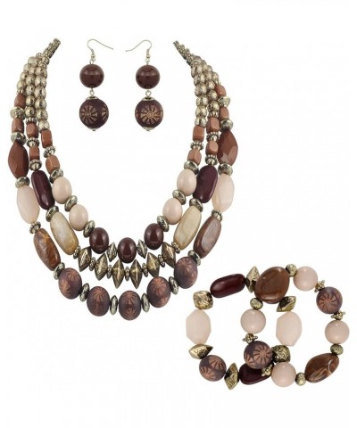 3 Layer Chunky Statement Beaded Necklace Set with Earrings Fashion Multi Layer Women Collar Necklace Brown+er+br $16.74 Neckl...