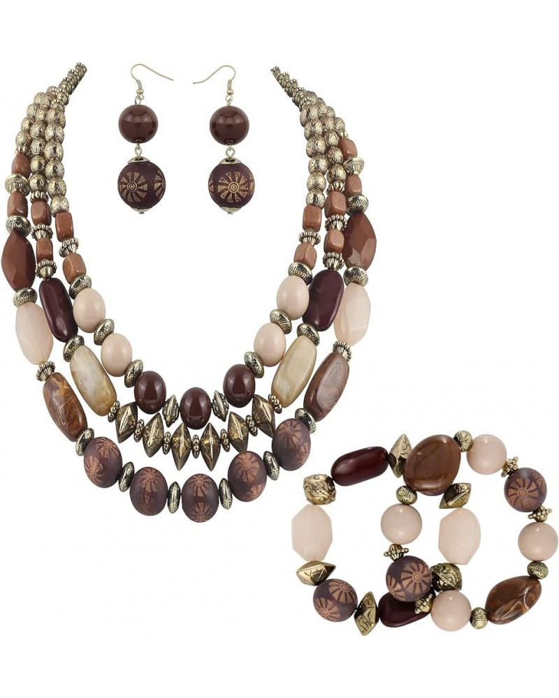 3 Layer Chunky Statement Beaded Necklace Set with Earrings Fashion Multi Layer Women Collar Necklace Brown+er+br $16.74 Neckl...