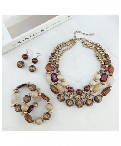 3 Layer Chunky Statement Beaded Necklace Set with Earrings Fashion Multi Layer Women Collar Necklace Brown+er+br $16.74 Neckl...