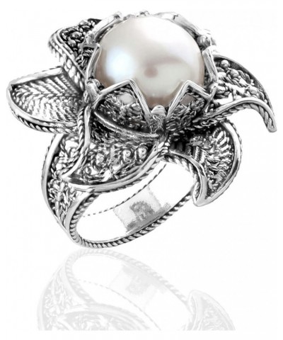 925 Sterling Silver Filigree Art Lotus Flower Design Gemstone Woman Statement Ring Pearl $38.24 Rings