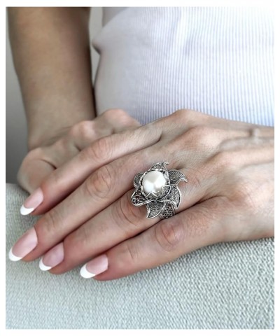 925 Sterling Silver Filigree Art Lotus Flower Design Gemstone Woman Statement Ring Pearl $38.24 Rings