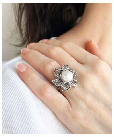 925 Sterling Silver Filigree Art Lotus Flower Design Gemstone Woman Statement Ring Pearl $38.24 Rings