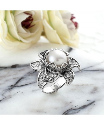 925 Sterling Silver Filigree Art Lotus Flower Design Gemstone Woman Statement Ring Pearl $38.24 Rings