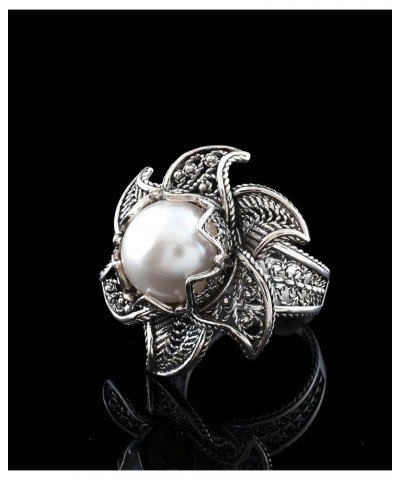 925 Sterling Silver Filigree Art Lotus Flower Design Gemstone Woman Statement Ring Pearl $38.24 Rings