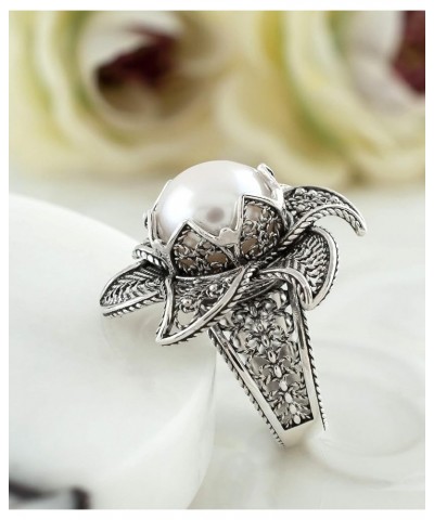 925 Sterling Silver Filigree Art Lotus Flower Design Gemstone Woman Statement Ring Pearl $38.24 Rings