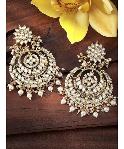 Gold Plated Indian Chandbali Kundan & Pearl Earrings for Women White $14.04 Earrings