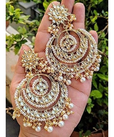 Gold Plated Indian Chandbali Kundan & Pearl Earrings for Women White $14.04 Earrings