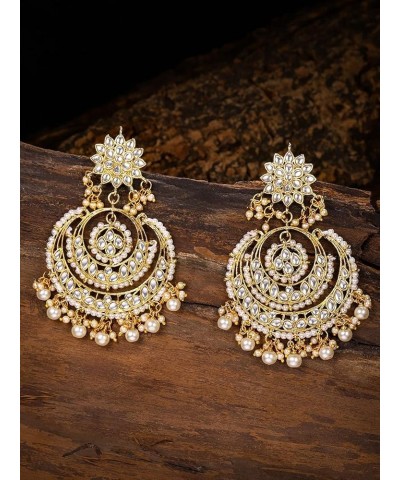 Gold Plated Indian Chandbali Kundan & Pearl Earrings for Women White $14.04 Earrings