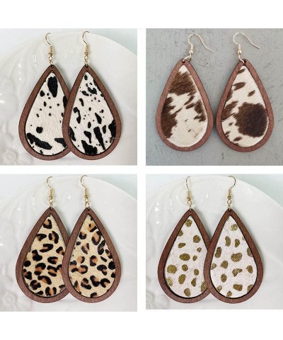 Western Cowgirl Cowboy Earrings Cow Leopard Print Dangle Drop Earrings Leather Wood Teardrop Earrings Handmade Lightweight Ho...