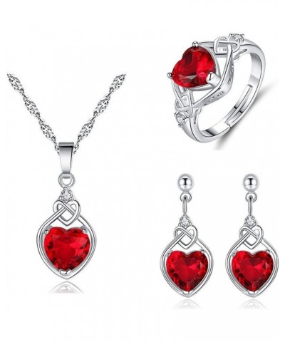 Love Heart Ruby Necklaces Earrings and Rings Jewelry Set, Heart Shaped Pendant Earring with Cubic Zirconia Ruby Jewelry Set f...