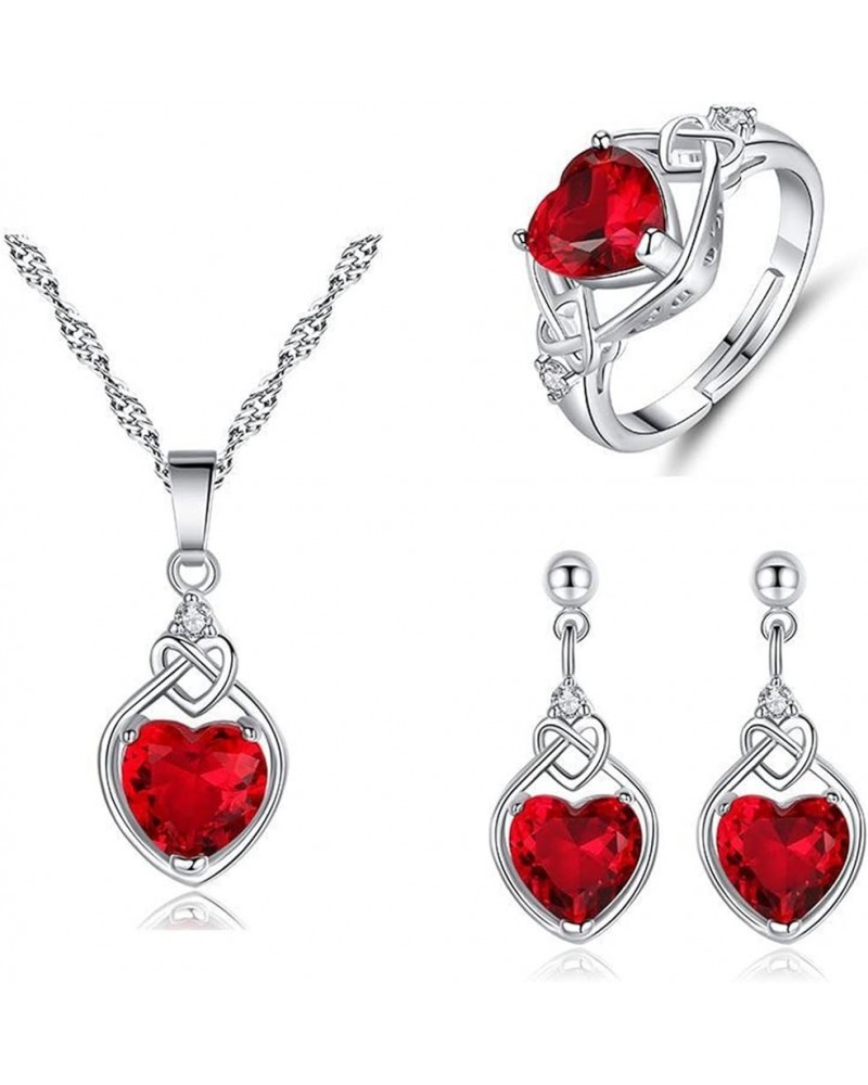 Love Heart Ruby Necklaces Earrings and Rings Jewelry Set, Heart Shaped Pendant Earring with Cubic Zirconia Ruby Jewelry Set f...