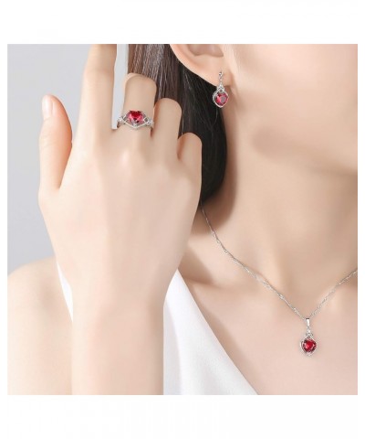 Love Heart Ruby Necklaces Earrings and Rings Jewelry Set, Heart Shaped Pendant Earring with Cubic Zirconia Ruby Jewelry Set f...