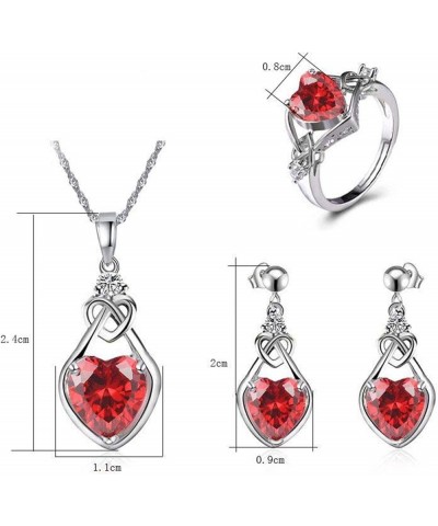 Love Heart Ruby Necklaces Earrings and Rings Jewelry Set, Heart Shaped Pendant Earring with Cubic Zirconia Ruby Jewelry Set f...