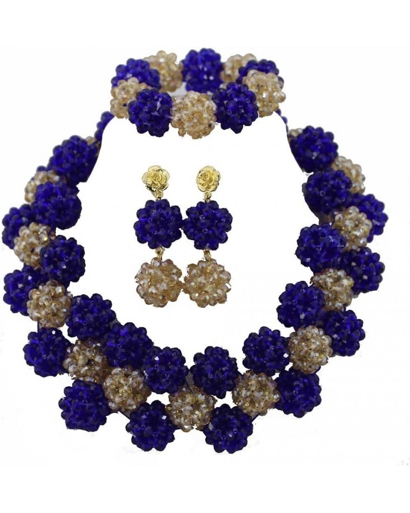 2Rows Blue and Gold African Jewelry Set,African Wedding Crystal Beads Necklace Set $22.79 Jewelry Sets