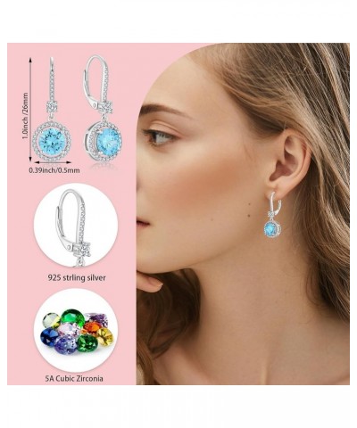 Round Dangle Drop Leveback Earrings for Women, 925 Sterling Silver 5A Cubic Zirconia Ruond Birthstone Earrings for Hypoallerg...