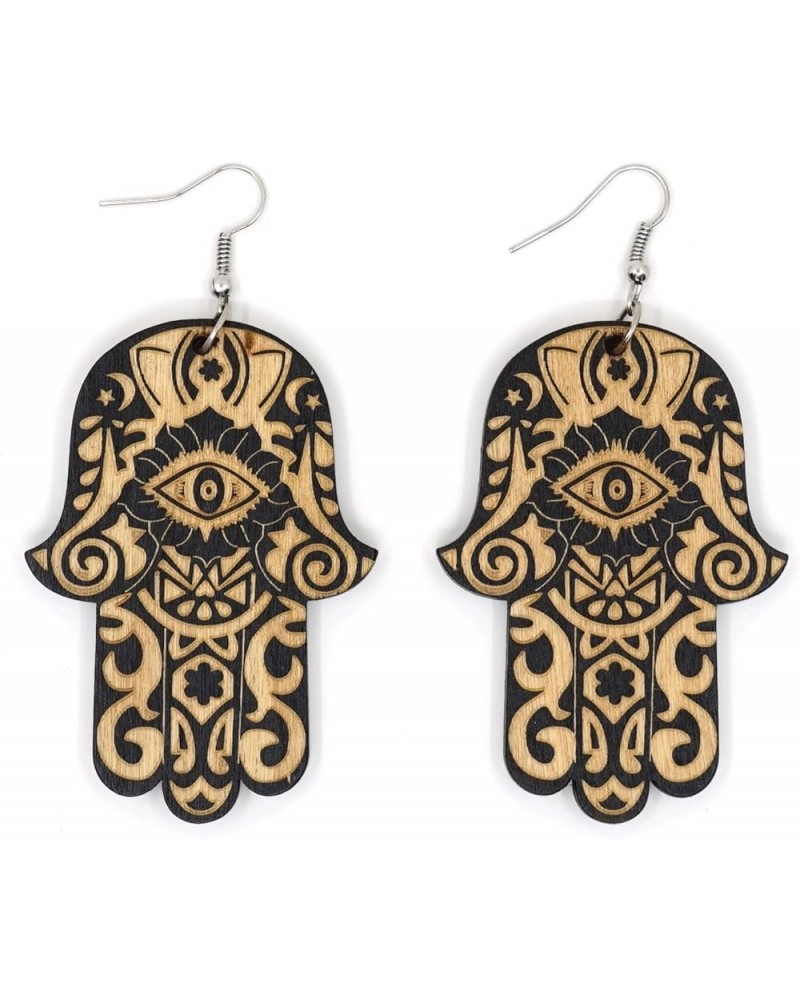 Teri's Boutique Hamsa Hand of Fatima Evil Eye Colorful Wood Natural Dangle Fashion Earrings Black $7.70 Earrings