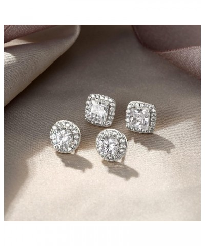 Wedding Stud Earrings for Women Girls, Brilliant White Round Square Cut Cubic Zirconia Halo Earrings Set for Bride (2 Pairs) ...