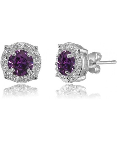 Sterling Silver 5mm Round Halo European Crystals Fancy Stud Earrings for Women Girls February - Purple $13.99 Earrings