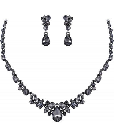 Rhinestone Crystal Elegant Bridal Floral Teardrop Necklace Earrings Set Earrings+Necklace_Grey Black-Tone $12.74 Jewelry Sets