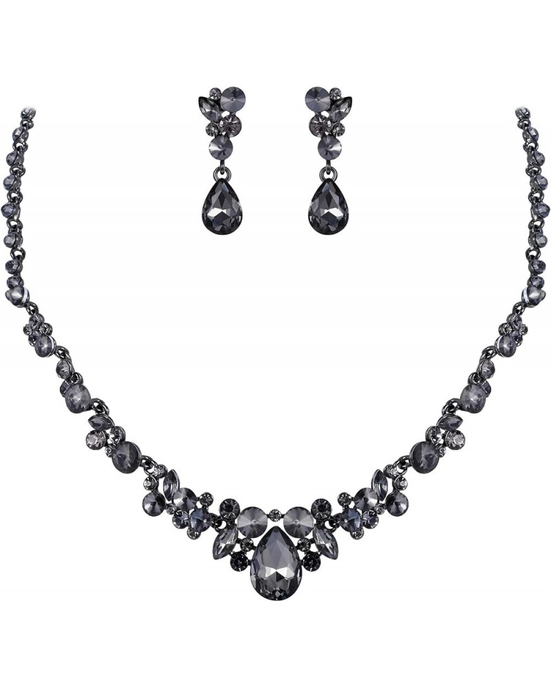 Rhinestone Crystal Elegant Bridal Floral Teardrop Necklace Earrings Set Earrings+Necklace_Grey Black-Tone $12.74 Jewelry Sets