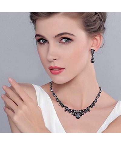 Rhinestone Crystal Elegant Bridal Floral Teardrop Necklace Earrings Set Earrings+Necklace_Grey Black-Tone $12.74 Jewelry Sets