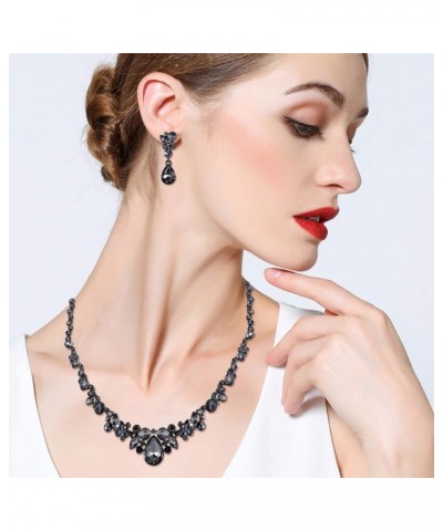 Rhinestone Crystal Elegant Bridal Floral Teardrop Necklace Earrings Set Earrings+Necklace_Grey Black-Tone $12.74 Jewelry Sets