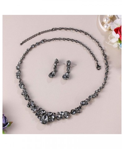 Rhinestone Crystal Elegant Bridal Floral Teardrop Necklace Earrings Set Earrings+Necklace_Grey Black-Tone $12.74 Jewelry Sets