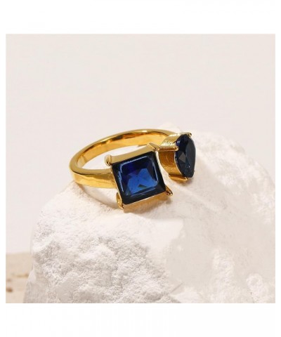 Unisex Stainless Steel Creative Personality Square Cut Crystal Zirconia Inlay Heart Shaped Open Ring Blue $10.61 Others