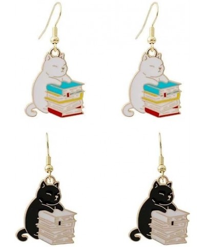 2pairs Kawaii Cute Little Cat Earrings Cartoon Black White Cat Earrings Teacup Sweet Cat Book Earrings Earrings For Women Gir...